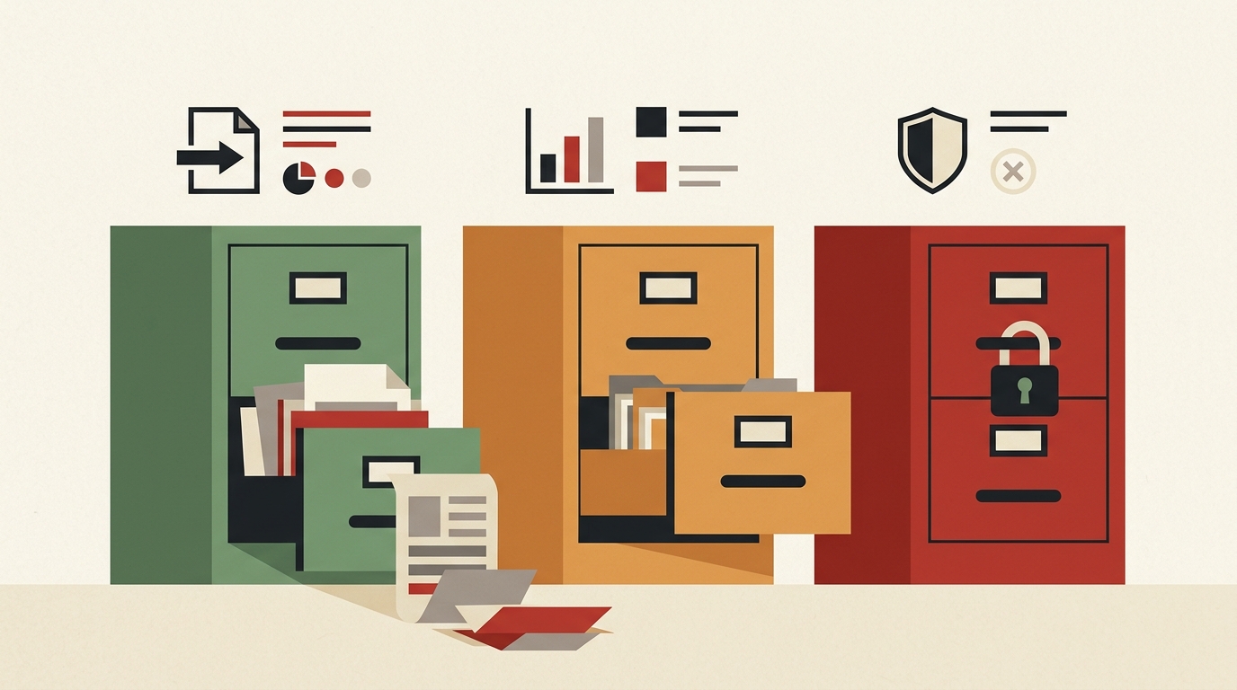 Three filing cabinets in green, amber, and red with different levels of access