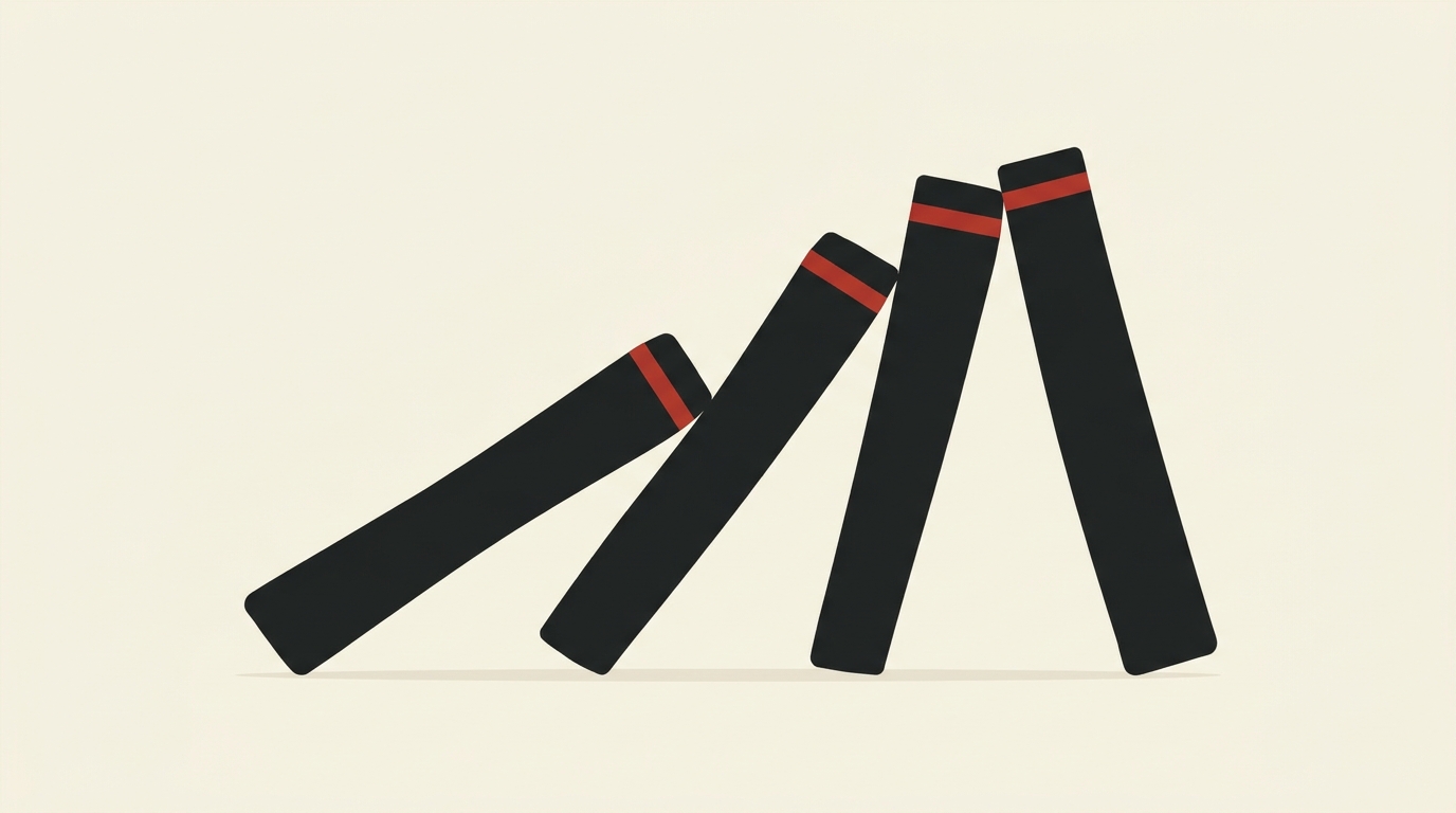 Three dominoes falling in sequence