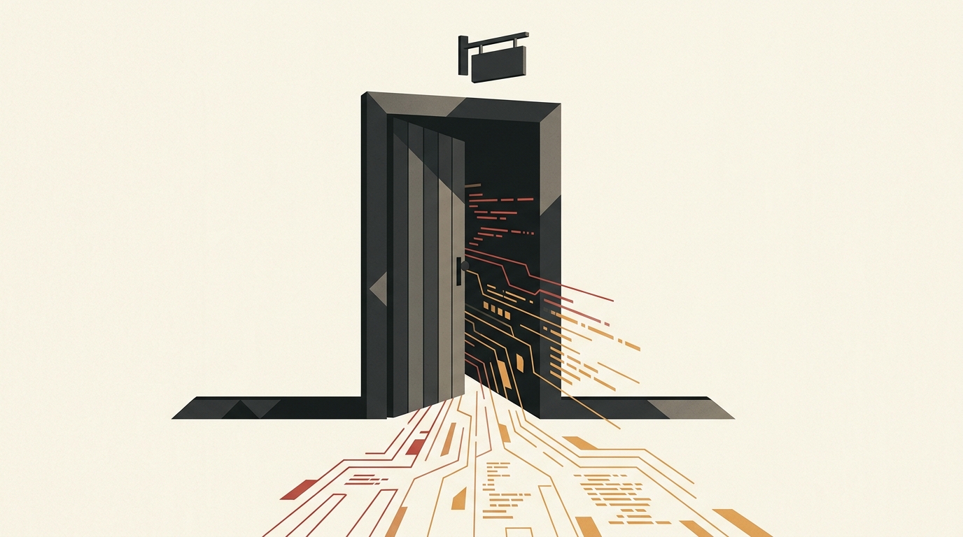 A door standing open with code streaming outward