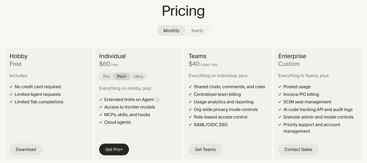 Cursor pricing plans: Hobby, Individual, Teams, and Enterprise